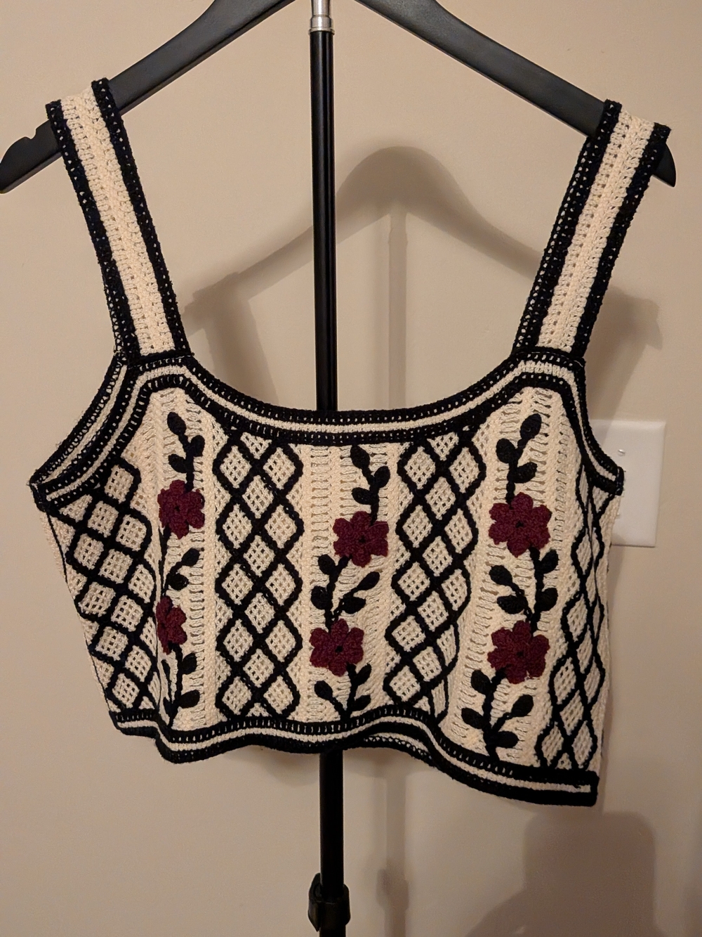 Timing Cream Crochet Crop Top with Black Trim & Burgundy Floral Accents
